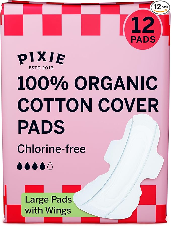 Pixie Organic Cotton Large Pads for Women - Extra Heavy Absorbency with Wings - Leak-Proof, Hypoallergenic & Unscented for Feminine Care - Compostable, Biodegradable - 12 Count