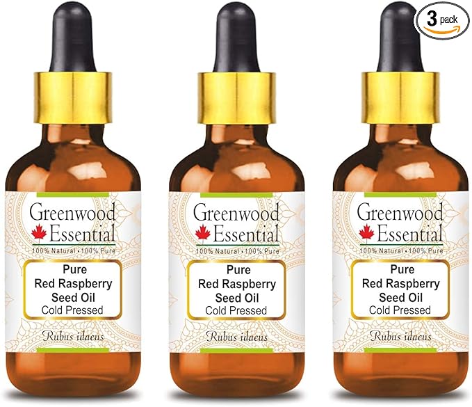 Greenwood Essential Pure Red Raspberry Seed Oil (Rubus idaeus) with Glass Dropper Cold Pressed (Pack Of Three) 100ml X 3 (10 oz)