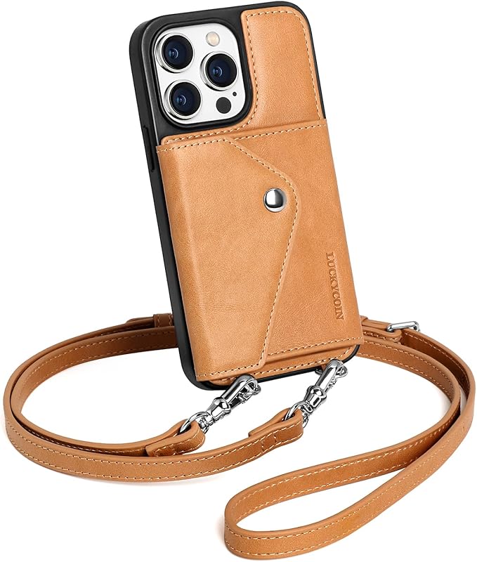 LUCKYCOIN Crossbody Wallet Phone Case for iPhone 14 Pro,100% Genuine Leather Wallet Phone Case with Expandable Flip Card Holder,Phone Purse for Women with Adjustable Removable Strap - Tan