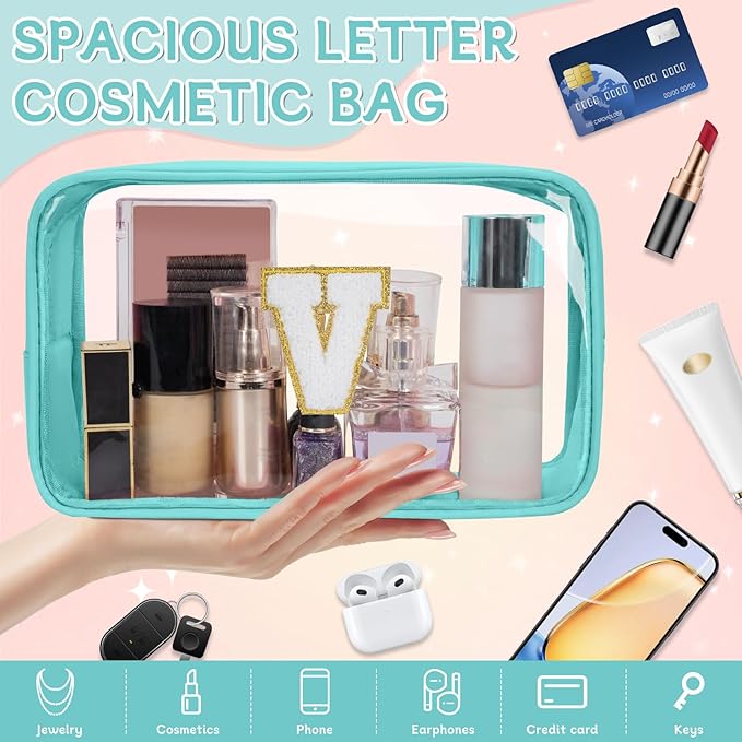 Personalized Initial Clear Makeup Bag, Travel Chenille Patch Cosmetic Bag, Preppy Toiletry Bag Monogram Cosmetic Pouch with Zipper, Ideal Gift for Teen Girls Women (Clear-Green, V)