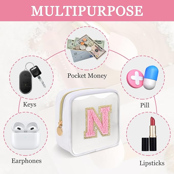 Mini Clear Personalized Initial Makeup Bag,Nylon Preppy A-Z Chenille Letter Patch Zipper Cosmetic Bag, Small Cute Beach Pouch Travel Purse Sanitary Napkin Storage Bag for Women Girls(White-Pink H)