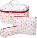 Initial Makeup Bag Set, Personalized Quilted Makeup Bag, Large Floral Cosmetic Bag for Women, Cute Cotton Custom Make up Bags, Flower Travel Toiletry Bag Teen Girl Gift Trendy Stuff Gift Red Cherry E