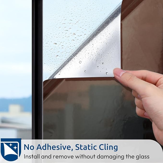 rabbitgoo Window Privacy Film One Way Window Tint for Home, Removable Reflective Heat Sun Blocking Anti UV Glass Door Covering, Mirror Tinting Film House Office, 35.4 in X 6.5 Feet, Brown Silver