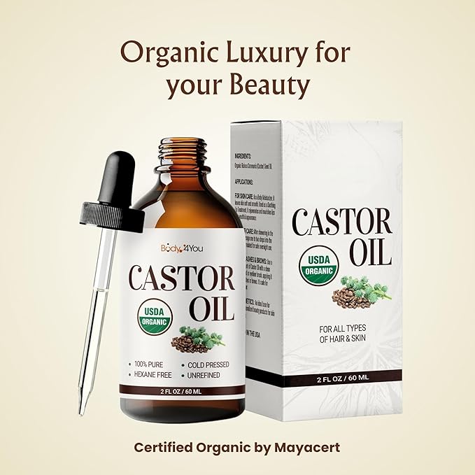 BodyJ4You Organic Castor Oil - 100% Pure Natural Cold Pressed USDA Certified Organic (2 Fl Oz (60 ml) - KIT)