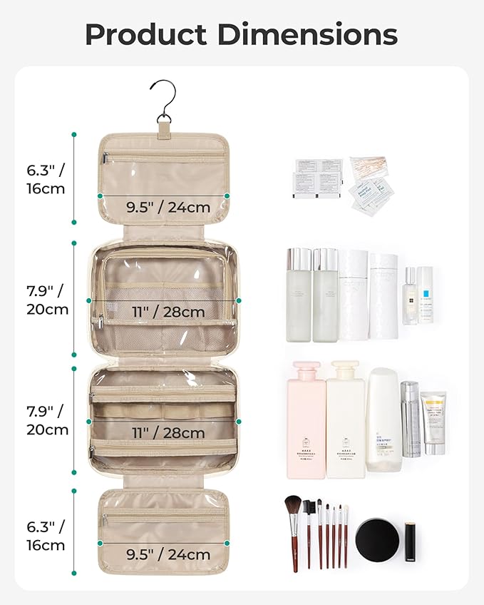 BAGSMART Travel Toiletry Bag for Women, Hanging Travel Bag for Toiletries, Puffy Makeup Cosmetic Bag Organizer, Carry-on Travel Accessories Essentials, Beige