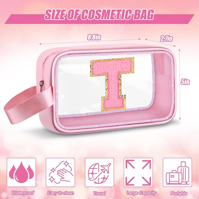 Initial Makeup Bag,Letter T Cute Clear Monogrammed Cosmetic Travel Bag for Womens Girls,Personalized Pink Aesthetic Traveling Make Up Organizer Bag for Beach,Waterproof Toiletry Bag