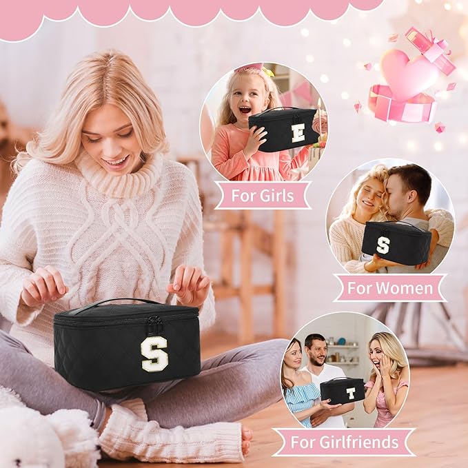OCHEAL Makeup Bag for Women, Monogram Cosmetic Bag with Brush Holder,Black Travel Makeup Case Beauty Toiletry Bag Organizer Personalized Gifts for Girls Bridesmaid, Sister, Wife, Friends Initial S