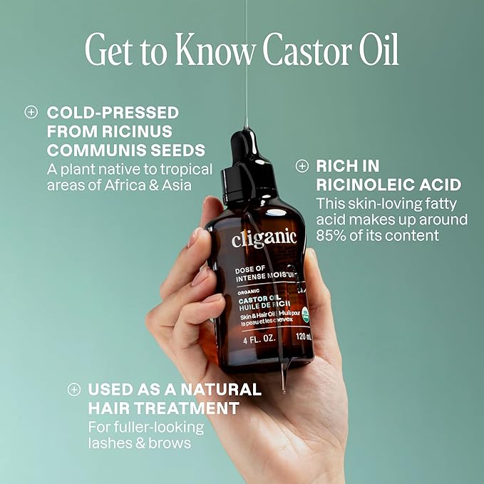 Cliganic Organic Castor Oil, 100% Pure (2oz Glass Bottle with Eyelash Kit) - For Eyelashes, Eyebrows, Hair & Skin (Packaging May Vary)