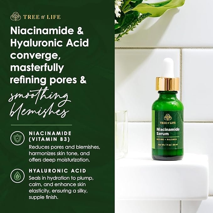 Tree of Life Beauty Niacinamide Vitamin B3 Serum, Hydrating Face Oil for Dark and Age Spots, Tightens Pores, Facial Serums for Sensitive Skin Care with Hyaluronic Acid and Vitamin E, 2 Fl Oz