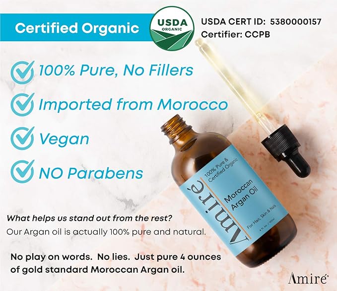 USDA Certified Organic Argan Oil 4oz, Triple Extra Virgin Grade Moroccan Argan Oil for Hair Growth. Skin, Face, & Nails. Moisturizer. Scalp Treatment Hair Oil for Dry, Damaged, Brittle Hair.