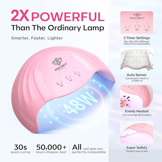 Modelones UV Light for Gel Nails with Gloves, 48 W Nail Dryer with 3 Timer Settings, Lamps for Gel Polish, Professional UPF99+ UV Protection Gloves for Art Manicure