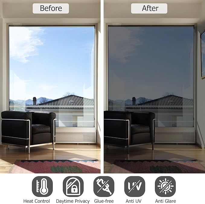 HIDBEA One Way Window Film, Daytime Privacy Sun Blocking Reflective Window Film No Glue Static Cling Heat Control Window Tinting Film for Home and Office, Black Silver, 17.5 x 78.7 Inch