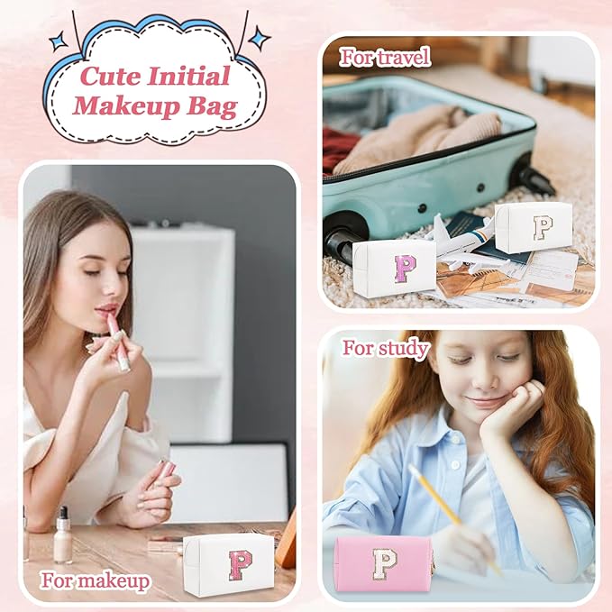 Personalized Initial Letter Makeup Bag, Small Preppy Glitter Letter Cosmetic Pouch PU Waterproof Zipper Travel Toiletry Bag, Unique Letter Patch Makeup Organizer Gift for Women Teen Girls(Letter P)