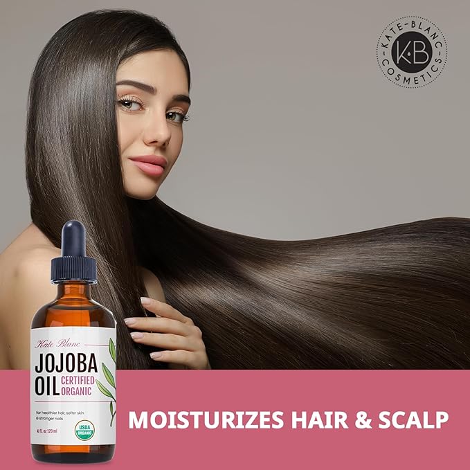 Kate Blanc Cosmetics Jojoba Oil for Softer Hair & Smoother Skin. Gua Sha Oil for Face & Dermaplaning (4oz, Organic, 100% Pure, Natural)