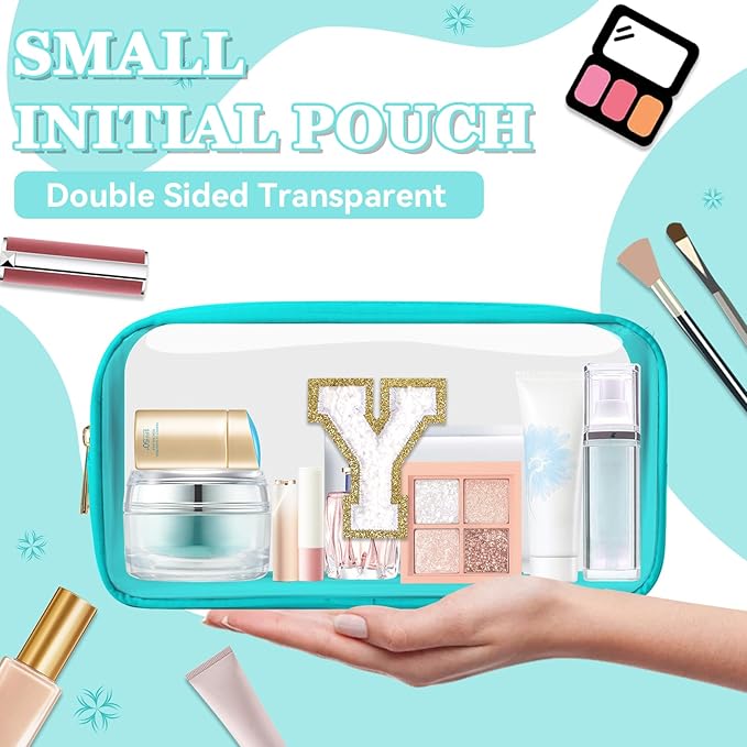 Small Clear Personalized Initial Makeup Bag, Preppy A-Z Chenille Letter Patch Cosmetic Bag, Cute Transparent Nylon Waterproof Zipper Beach Varsity Letter Pouch, Gift for Women Girls(Cyan-White Y)