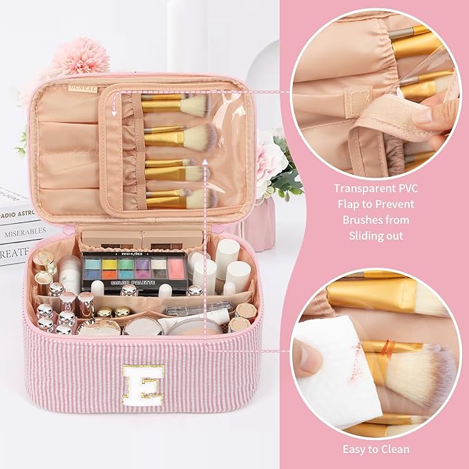OCHEAL Makeup Bag for Women, Monogram Cosmetic Bag with Brush Holder, Pink Travel Makeup Case Beauty Toiletry Bag Organizer Personalized Gifts for Girls Bridesmaid, Sister, Wife, Friends Initial E