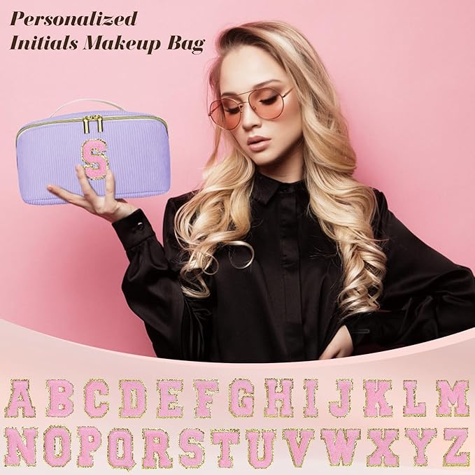 Personalized Initial Makeup Bag,Christmas Gifts for Girl,Preppy Bag Cosmetic Travel Bag Women,Travel Toiletry Organizer,Large Capacity Corduroy Stuff Bag,Cute Cosmetic Pouch Skincare Bag-X