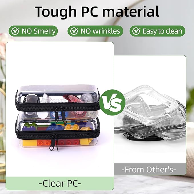 2 Pack Clear Hard Zipper Case, Hard PC Plastic Cosmetic Travel Bag with Zipper, Portable Travel Organizer Bins, Durable Makeup Bags for Toy Storage, Pencil Case