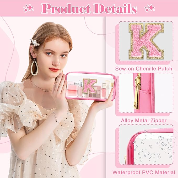 Personalized Initial Letter Clear Makeup Bag,Preppy Small Nylon&PVC Cosmetic Zipper Bag with Chenille Letter,Portable Beach Travel Skincare Toiletry Bag,Trendy Monogram Gift for Teen Girls Women,K