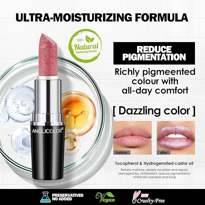 Anglicolor Glitter Metallic Pink Lipstick,High Impact Lipcolor,Lightweight Hydrating Formula Smooth and Non-Sticky,Rose Lipstick For Women,Full-Coverage Lip Makeup (04 BLUSH WINES, 4g)
