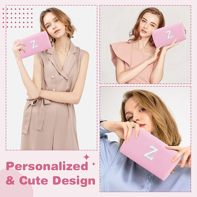 ChaoGreat Bride Gifts – Personalized Initial Makeup Bag with Pearl Rhinestone Patch, Preppy Pink Monogram Cosmetic/Toiletry Pouch, bridesmaid Gifts, Bridal Shower Gifts, Wedding Gifts, Bridal Gifts,Z