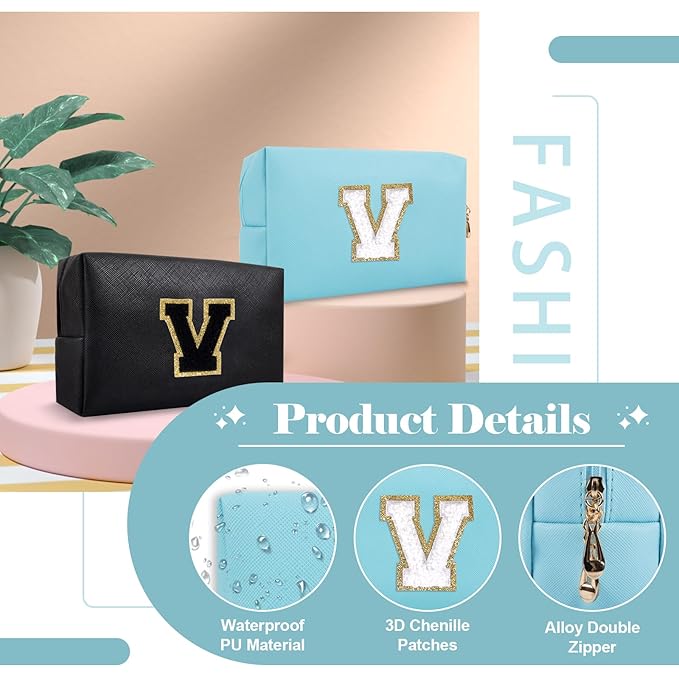 Small Personalized Initial A-Z Preppy Patch Makeup Bag,PU Chenille Letter Travel Cosmetic Pouch with Zipper,Blue Cute Toiletry Bag,Gift Ideal for Teen Girls Women Teacher Bridesmaid,Letter V