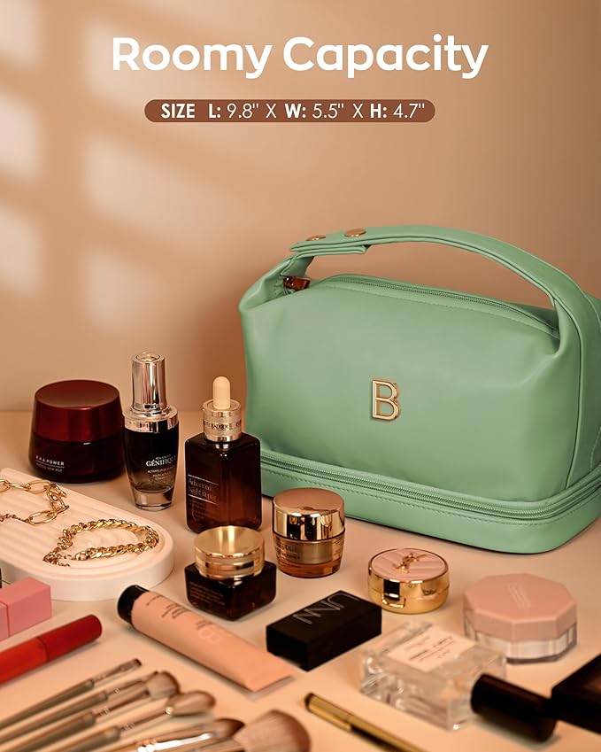 Teenage Girls Gifts Ideas, Personalized Makeup Bag with Handle, Initial Double Layer Cosmetic Bag with Makeup Brush Organizer, Cute Cosmetic Pouch for Women, Gifts for Friends Female Mom