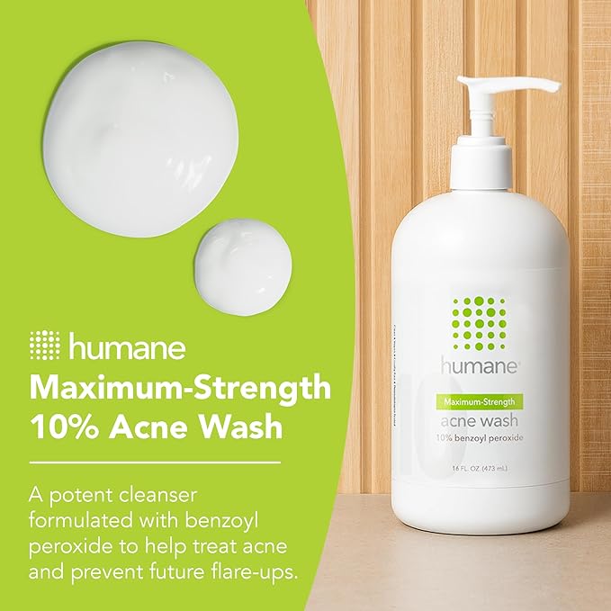 humane Benzoyl Peroxide Acne Body Wash - 10% Maximum-Strength Face, Skin, Butt, and Back Acne Treatment - 16 Fl Oz - Dermatologist-Tested Non-Foaming Acne Face Wash Cleanser - Vegan, Cruelty-Free