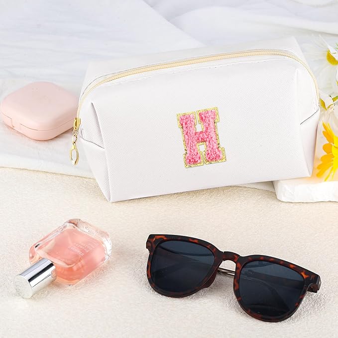 Initial Makeup Bag Personalized Preppy Travel Small Cosmetic Bag Cute PU White Chenille Letter Makeup Pouch for Purse Waterproof Zippered Toiletry Organizer for Women Girls Kids Friends (H)