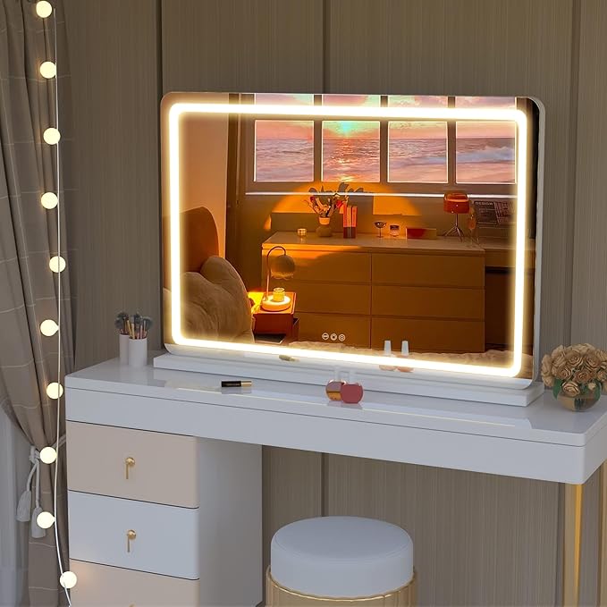 Hasipu Vanity Mirror with Lights, 31.5" x 22" LED Makeup Mirror, Lighted Makeup Mirror with Dimmable 3 Modes, Touch Screen Control Vanity Mirror Round Black