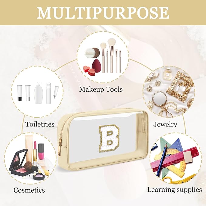Small Clear Personalized Initial Makeup Bag,Nylon Preppy A-Z Chenille Letter Patch Cosmetic Pouch Beach Toiletry Bag,Waterproof Zipper Travel Purse Storage Bag Organizer for Women Girls(Beige-White B)