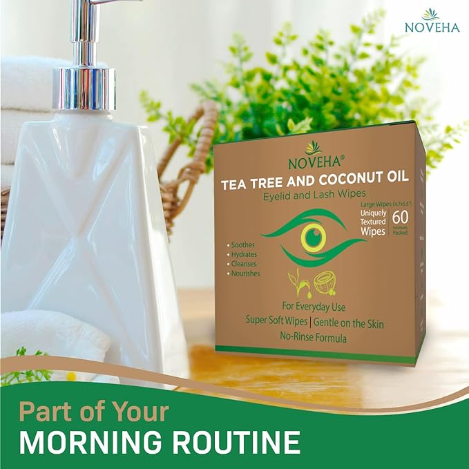 NOVEHA 180PCs Tea Tree & Coconut Oil Eyelid & Lash Wipes | For Demodex, Blepharitis & Itchy Eyes - Effective Eyelash Wipes With Aloe Vera, Natural Makeup Remover & Daily Eye Cleanser - (Pack of 3)