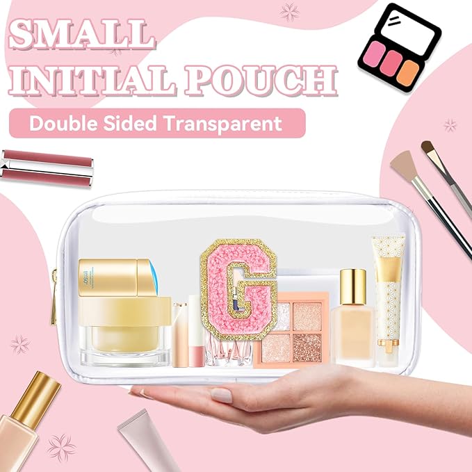 Small Clear Personalized Initial Makeup Bag,Nylon Preppy A-Z Chenille Letter Patch Cosmetic Pouch Beach Toiletry Bag,Waterproof Zipper Travel Purse Storage Bag Organizer for Women Girls(White-Pink G)