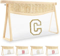 Personalized Initial Letter Bag Boho Straw Clear Makeup Bag,Small Cute Chenille Varsity Letter Bag With Zipper,Beach Travel Toiletry Bag,Portable Monogrammed Cosmetic Bag for Women Girls,C