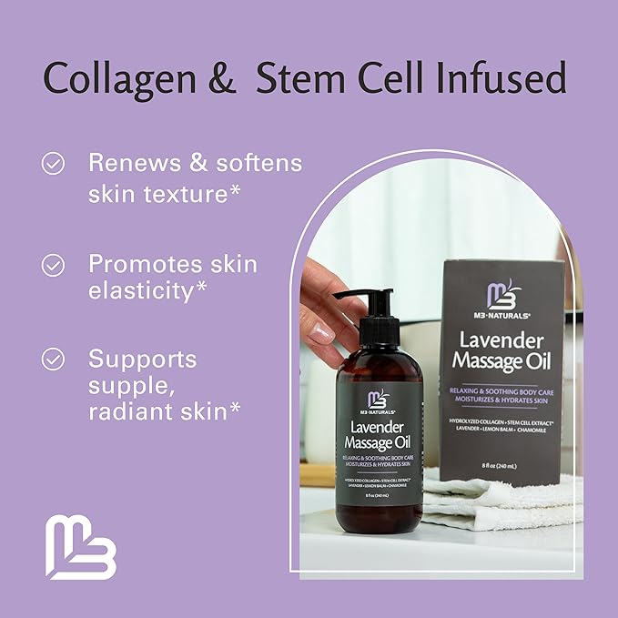 Lavender Sensual Massage Oil with Collagen and Stem Cells, Skin Tightening Therapy for Bum, Thighs, and Belly, Fast-Absorbing Cellulite Oil, 8 fl oz by M3 Naturals