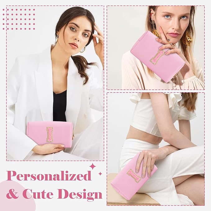 Personalized Initial A-Z Preppy Patch Makeup Bag,Small PU Leather Chenille Letter Cosmetic Bag with Zipper for Teen Girls,Pink Cute Travel Toiletry Bag,Birthday Monogrammed Gift for Daughter,Letter I