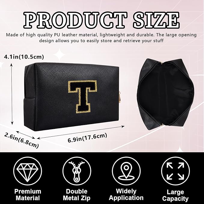 Personalized Initial Letter Patch Makeup Bag, Portable Chenille Letters Cosmetic Bag with Zipper, PU Leather Waterproof Travel Toiletry Bag Monogram Make Up Pouch for Women Girls(Letter T)