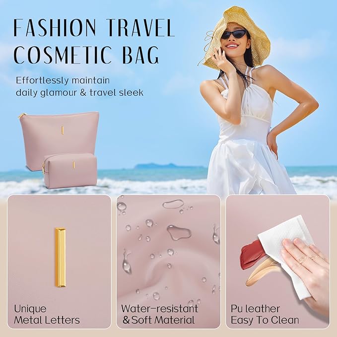 Women Gifts | Initial Makeup Bag Set for Girl Personalized Gifts for Bridesmaid Friend Graduation Teachers PU Leather Cosmetic Travel Toiletry Bag(Pink,I)