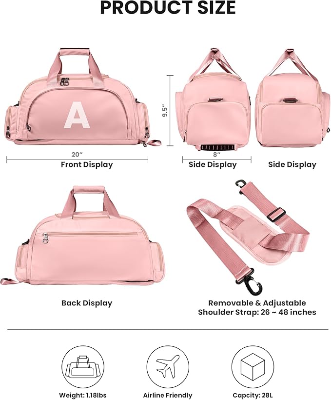 Daughter Gifts, Initial Gym Bags with Shoe Compartment, Dance Bag for Girls, Monogram Kid Overnight Bags, Travel Duffle Tote-Perfect for Ballet Sport Gymnastics Cheer (Letter G)