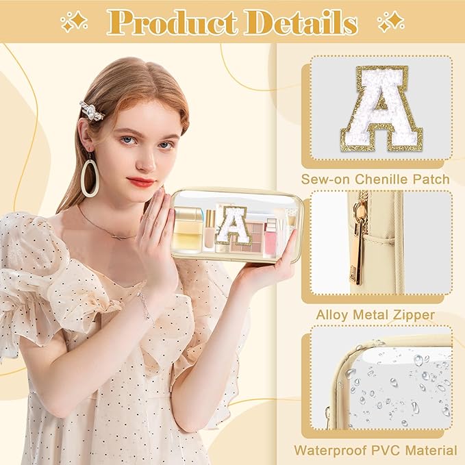 Personalized Initial Letter Clear Makeup Bag,Preppy Small Nylon&PVC Cosmetic Zipper Bag with Chenille Letter,Portable Beach Travel Skincare Toiletry Bag,Trendy Monogram Gift for Teen Girls Women,A