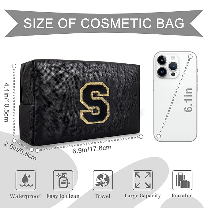 Personalized Initial A-Z Preppy Patch Makeup Bag,Small PU Chenille Letter Cosmetic Bag with Zipper for Teen Girls,Black Cute Toiletry Organizer Bag,Monogram Makeup Case Gift for Women Girls,Letter S