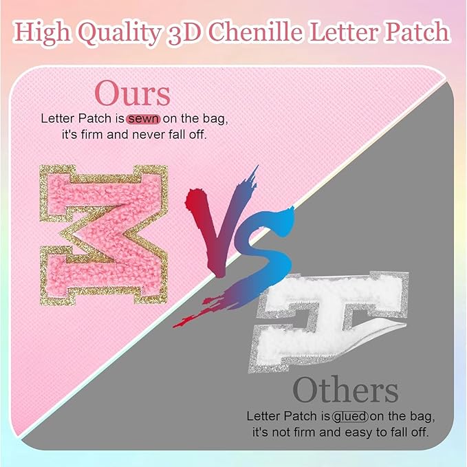 Small Personalized Glitter Initial Letter Makeup Bag, Cute PU Leather Chenille Letters Cosmetic Bag Travel Makeup Pouch, Preppy Travel Organizer Zipper Pouch for Women&Girls（PinkPink-M）