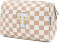 Narwey Birthday Gifts for Women Teen Girls Kids Personalized Initial Checkered Makeup Bag Cute Cosmetic Bag Trendy Stuff 6 8 10 11 12 13 14 16 18 Years Old Travel Toiletry Bag (Brown Letter T)