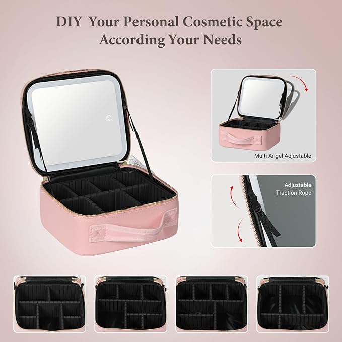 Travel Makeup Bag with LED Lighted Mirror, Cosmetic Makeup Organizer Bag with 3 Color Setting, Makeup Train Case with Adjustable Dividers for Women Makeup Brushes Jewelry Accessories (Pink)