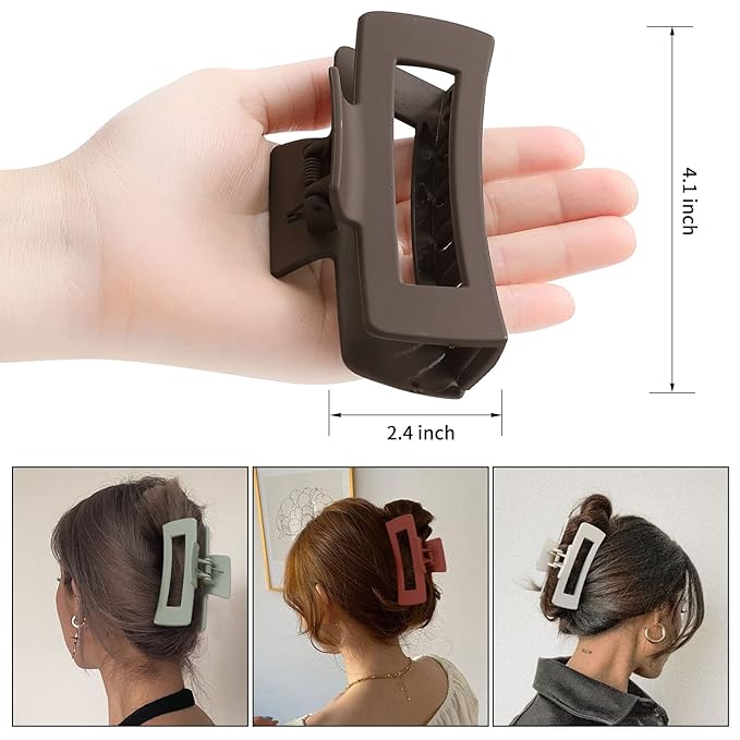4 Inch Big Hair Claw Clips 6 Pcs Large Claw for Thick Hair Square Hair Clips for Women Rectangle Hair Clips Nonslip Acrylic Banana Jaw Clips Hair Accessories for Girls (Brown)