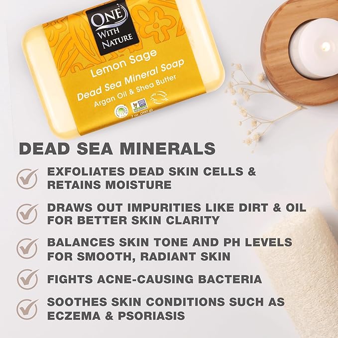 One With Nature Dead Sea Salt Lemon Sage Soap 7oz 3-Pack – Purifying and Exfoliating Soap Bar with Dead Sea Minerals for Face & Body, for Men & Women