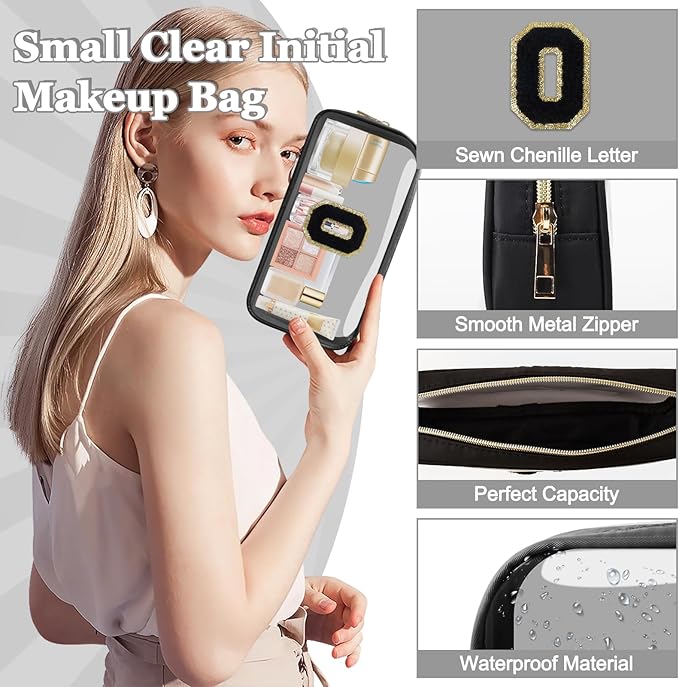 Small Clear Personalized Initial Makeup Bag, Preppy Nylon A-Z Chenille Letter Patch Makeup Organizer TSA Approved Travel Toiletry Bag,Waterproof Zip Beach Cosmetic Pouch Purse for Women(Black-Black O)
