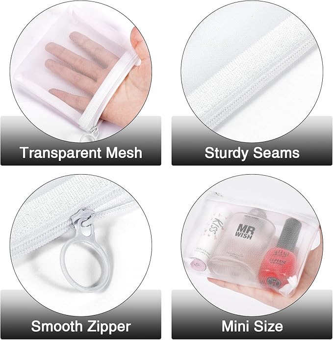 8 Pack Mini Zipper Mesh Makeup Bags, Nylon Cosmetic Bags Toiletry Purse Travel Organizer Bags Inside Bag for Office Travel Organization (Widened-White, M)