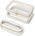 Travel Clear Makeup Bag with Makeup Brush Bag, Leather Makeup Case Toiletry Bag, Portable Cosmetic Bag Case, Transparent Waterproof Cosmetic Organizer Storage Bag for Women, Medium, Off-White