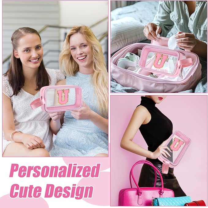 Initial Makeup Bag,Letter U Cute Clear Monogrammed Cosmetic Travel Bag for Womens Girls,Personalized Pink Aesthetic Traveling Make Up Organizer Bag for Beach,Waterproof Toiletry Bag